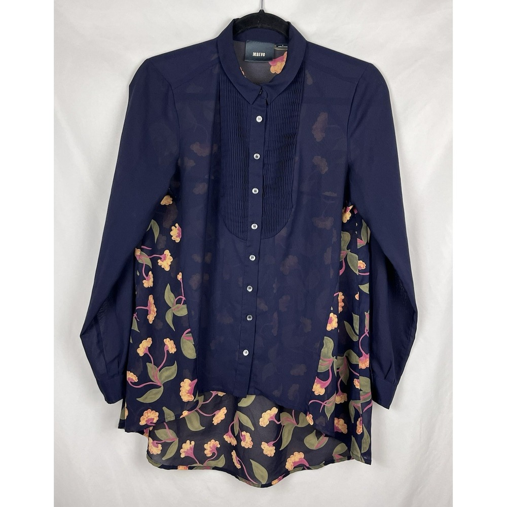 Anthropologie Maeve Ira Tunic Blouse Navy Floral Sheer High Low Pleated Size‎ 4
